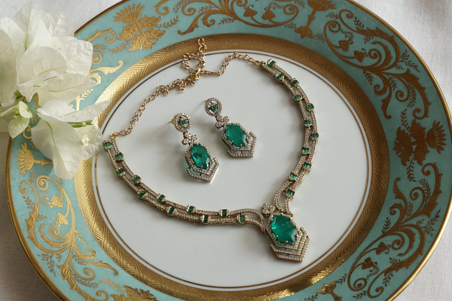 Green Stone Ad Necklace Set (4-9378)(B)