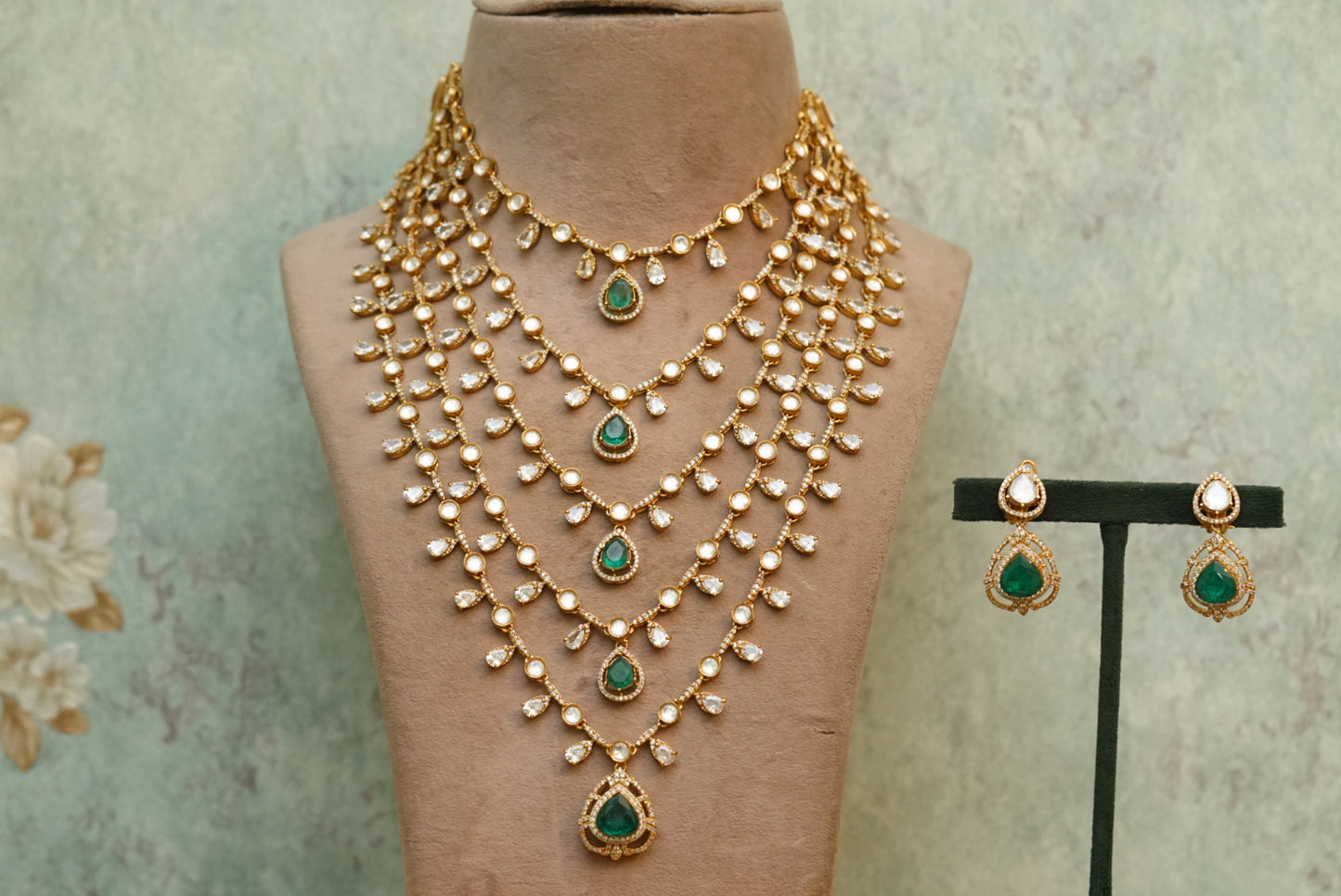 5 line green stone polki necklace set (4-6598)(B) - JEWELSTYLE