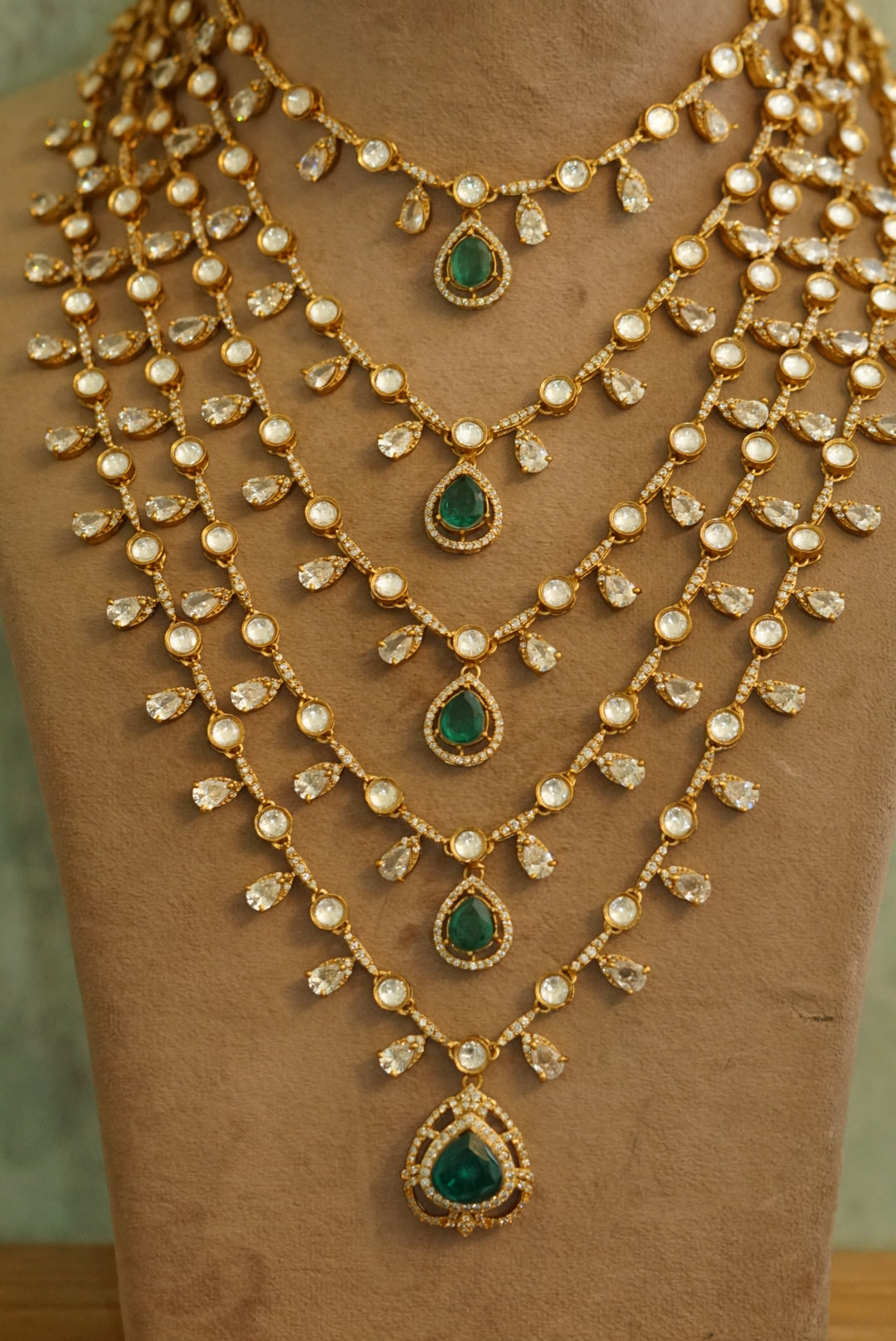 5 line green stone polki necklace set (4-6598)(B) - JEWELSTYLE