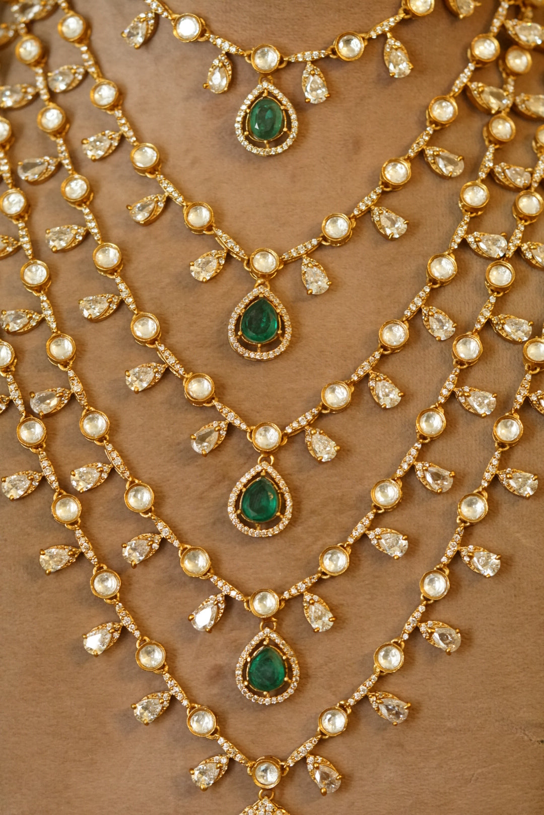 5 line green stone polki necklace set (4-6598)(B) - JEWELSTYLE