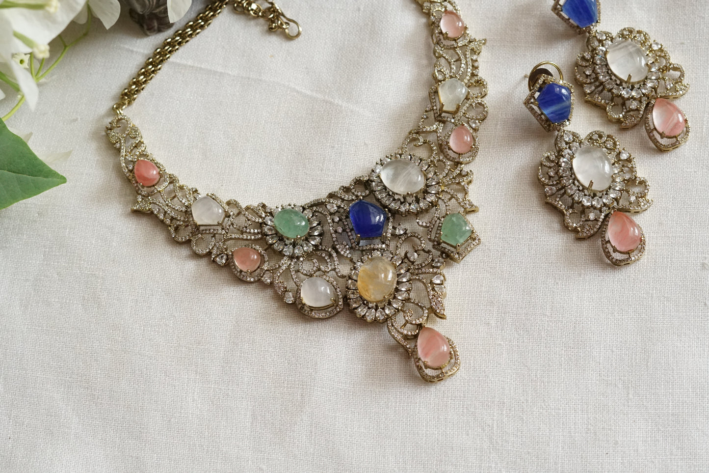 Multi Stone Ad Necklace Set (4-9379)(B)