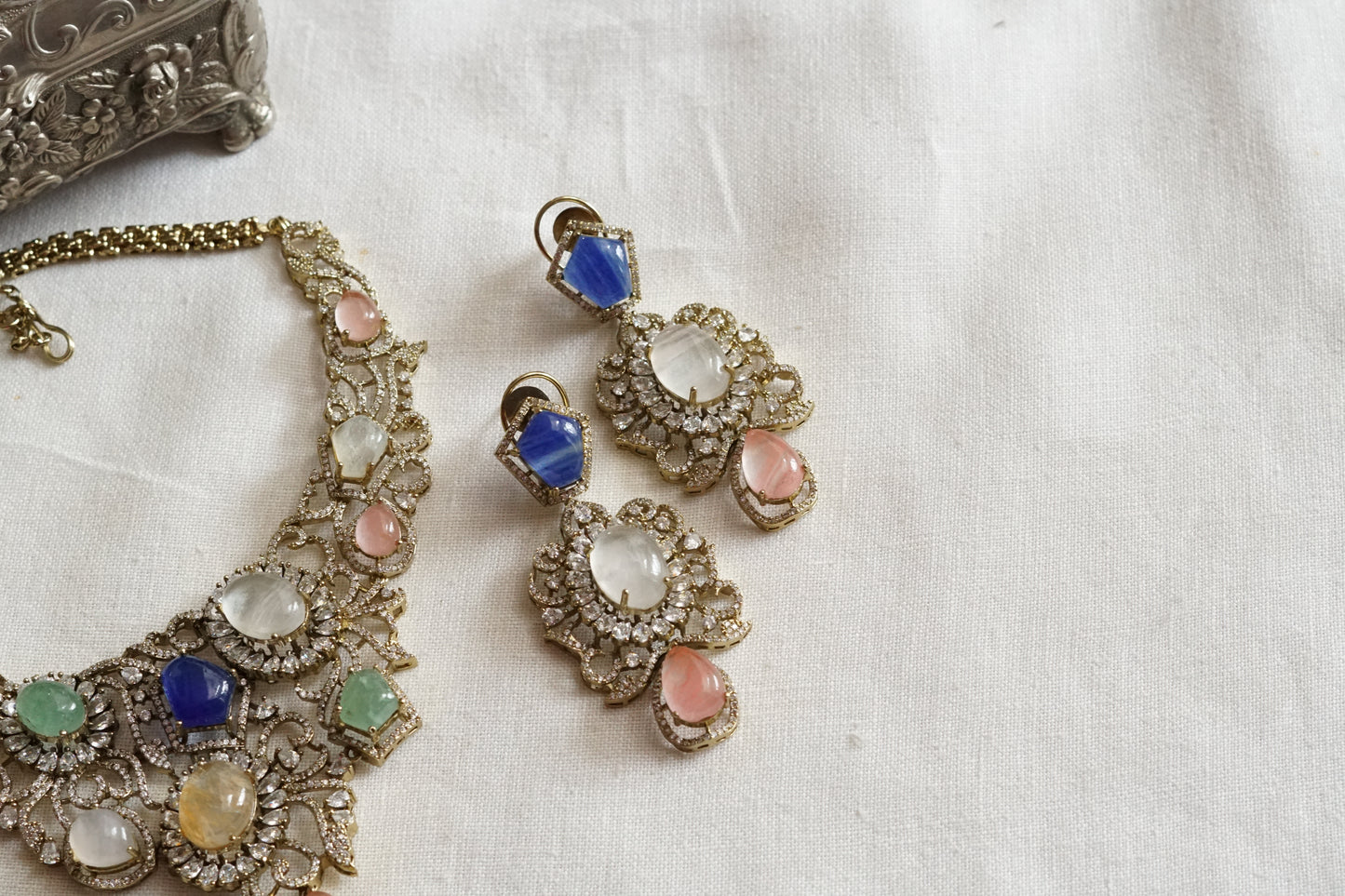 Multi Stone Ad Necklace Set (4-9379)(B)