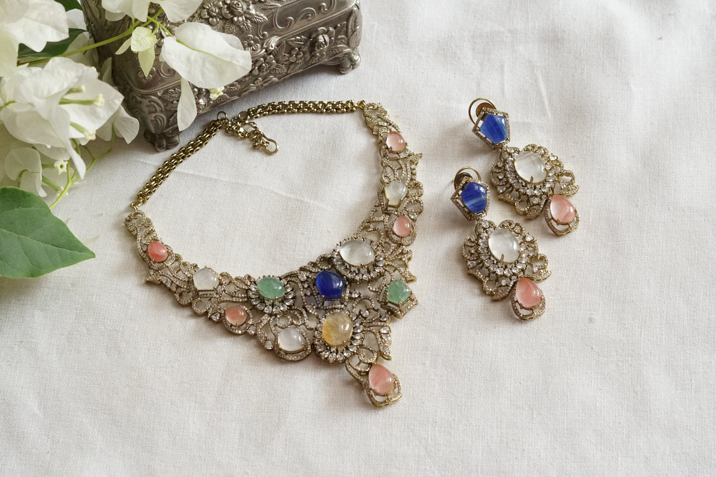 Multi Stone Ad Necklace Set (4-9379)(B)