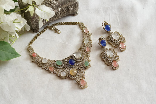 Multi Stone Ad Necklace Set (4-9379)(B)