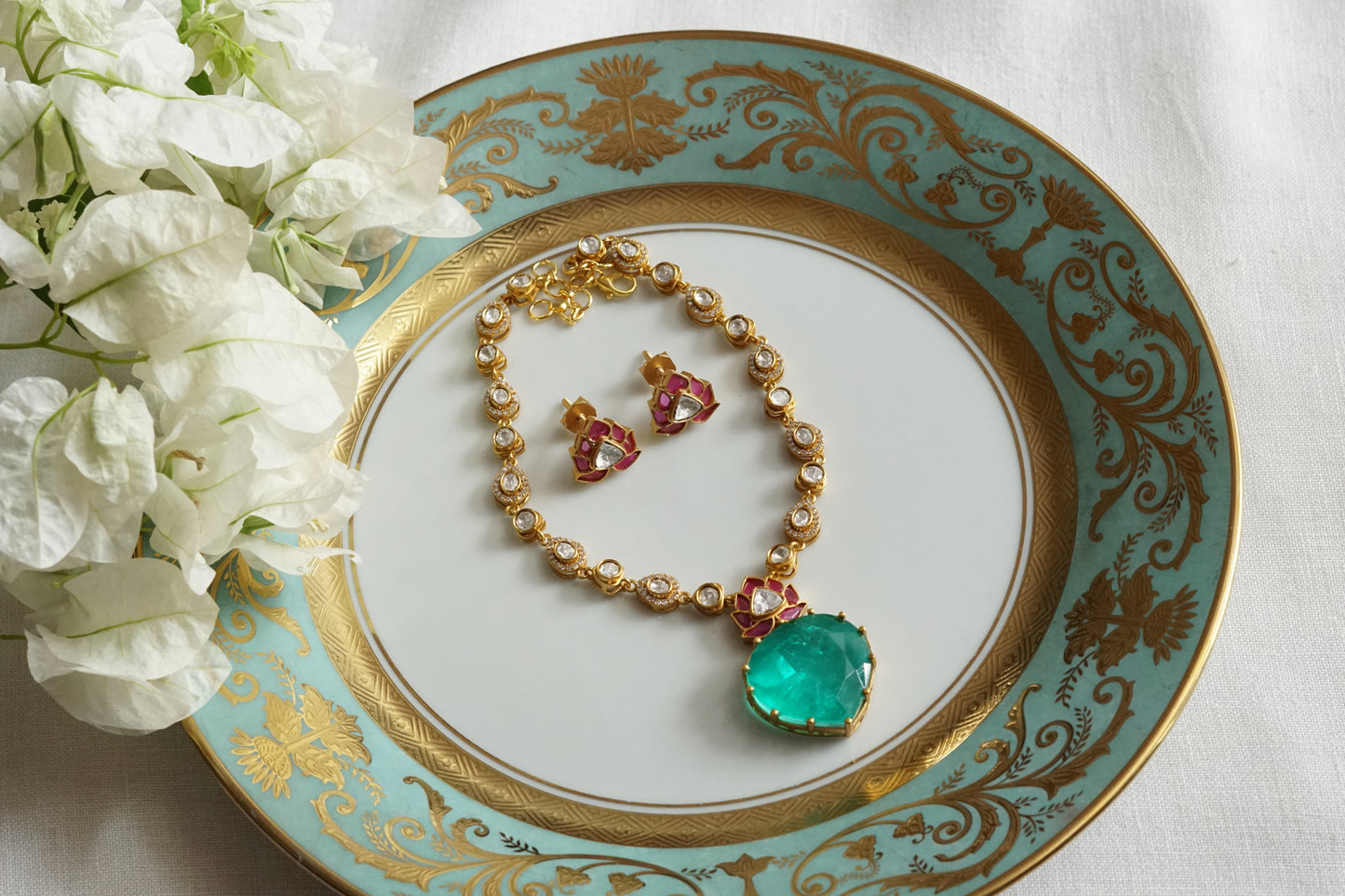 Doublet Stone Mossainite Polki Necklace Set (4-9391)(K)