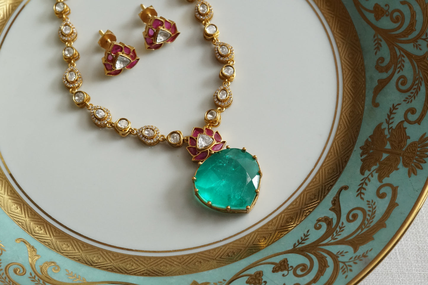 Doublet Stone Mossainite Polki Necklace Set (4-9391)(K)
