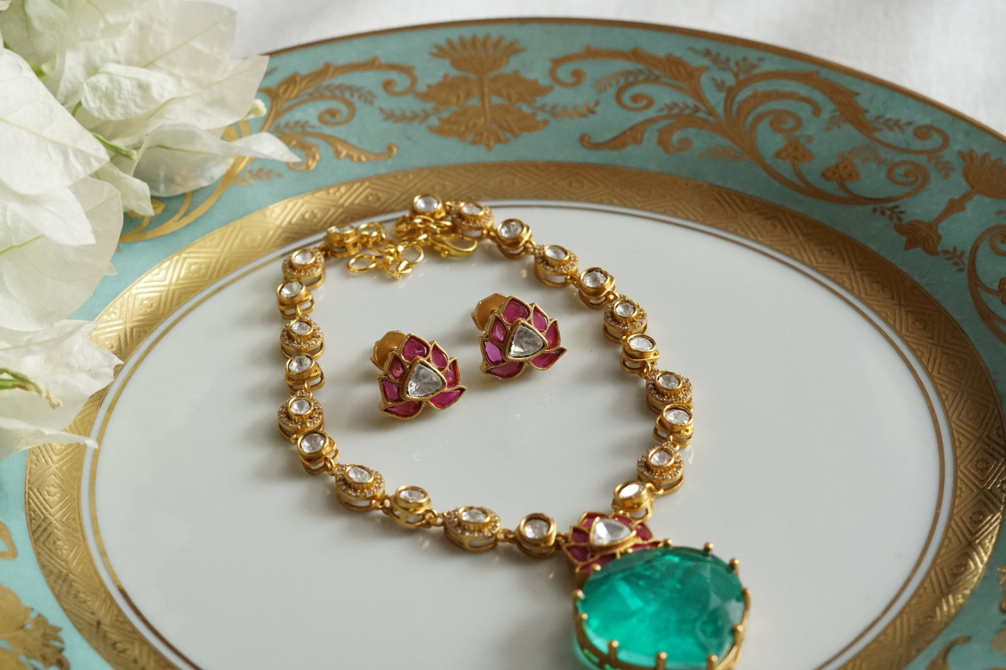Doublet Stone Mossainite Polki Necklace Set (4-9391)(K)