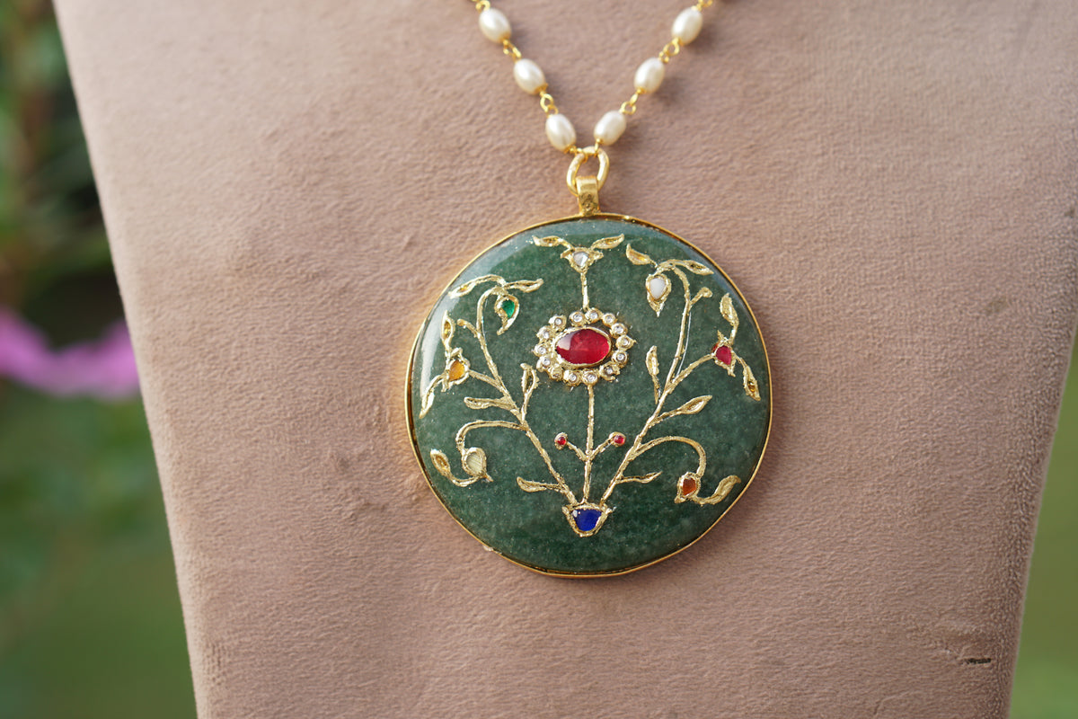 GREEN STONE Kundan pendant chain(4-9640)(R)