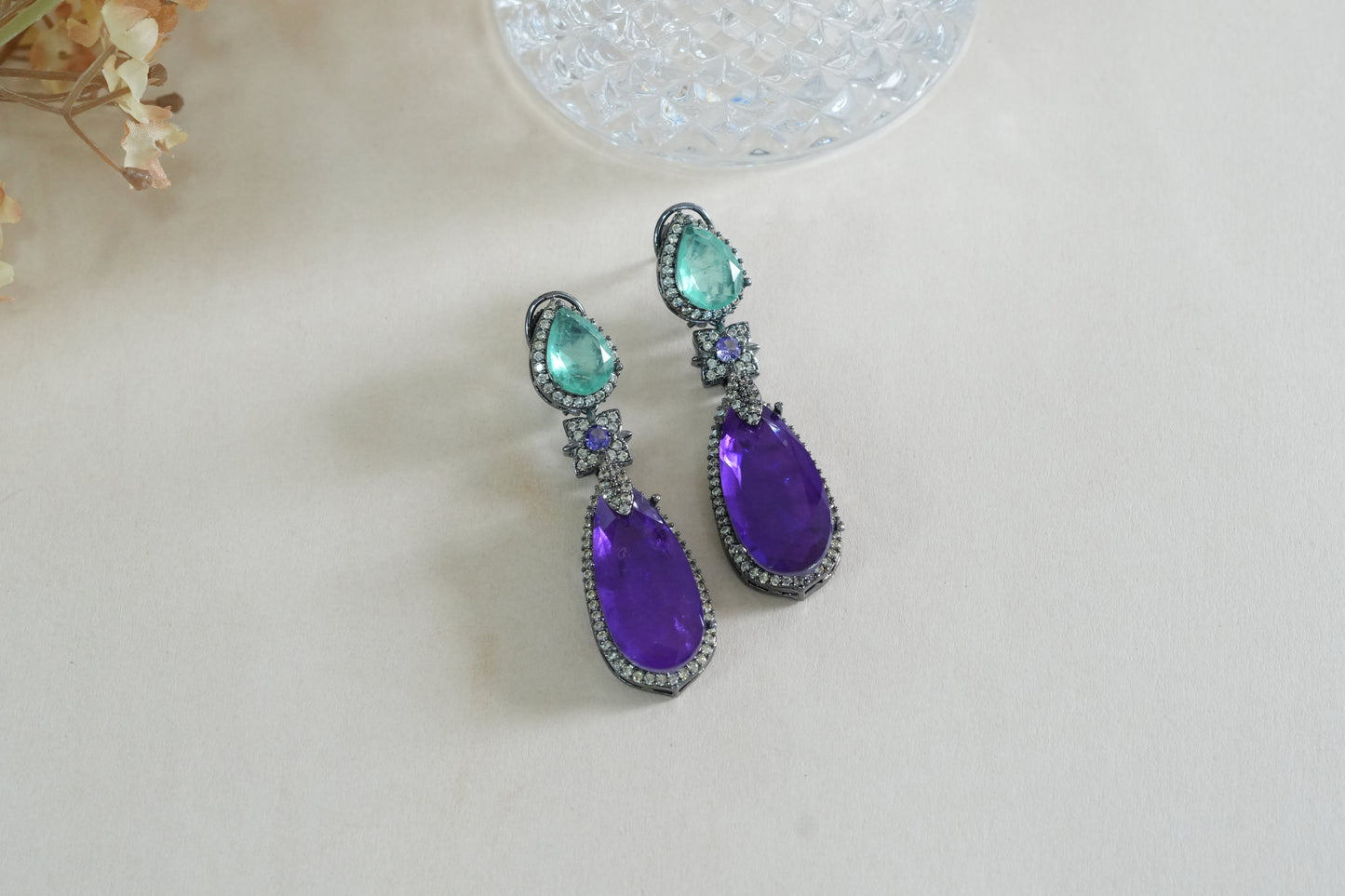 Light Green & Purple Stone Earrings (1-5375)(B)(From turkey)