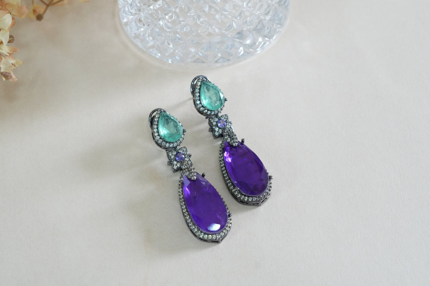 Light Green & Purple Stone Earrings (1-5375)(B)(From turkey)