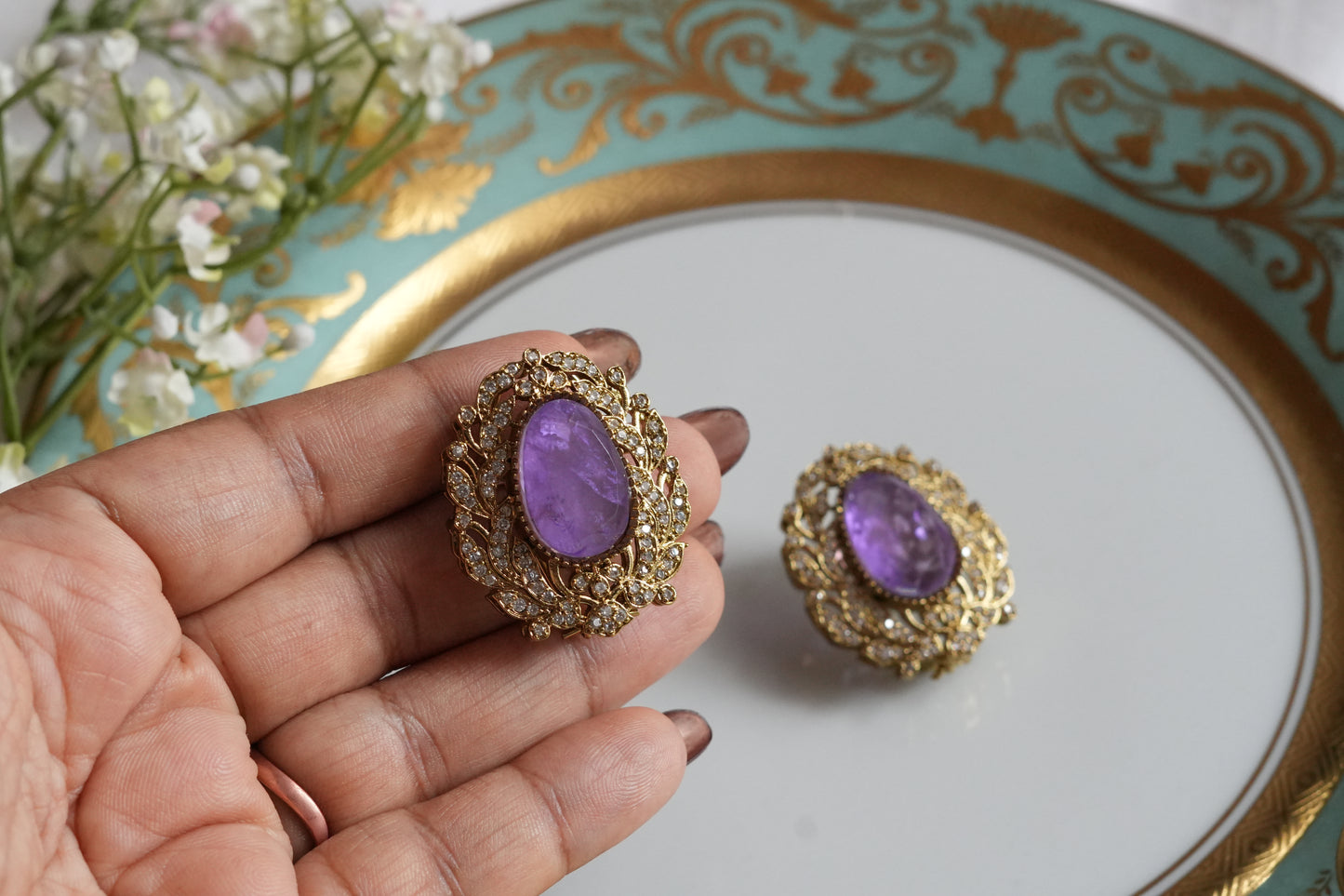 Purple Stone Polki Studs (1-5411)(B)