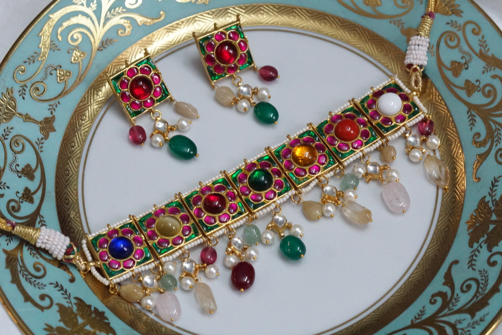 Kundan Navratan necklace set (4-5905)(R)(preorder)(OFFER PIECE) - JEWELSTYLE