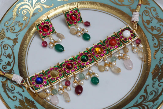 Kundan Navratan necklace set (4-5905)(R)(preorder)(OFFER PIECE) - JEWELSTYLE