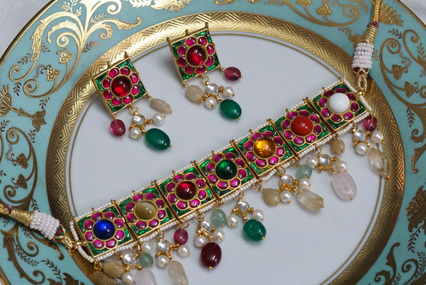 Kundan Navratan necklace set (4-5905)(R)(preorder)(OFFER PIECE) - JEWELSTYLE