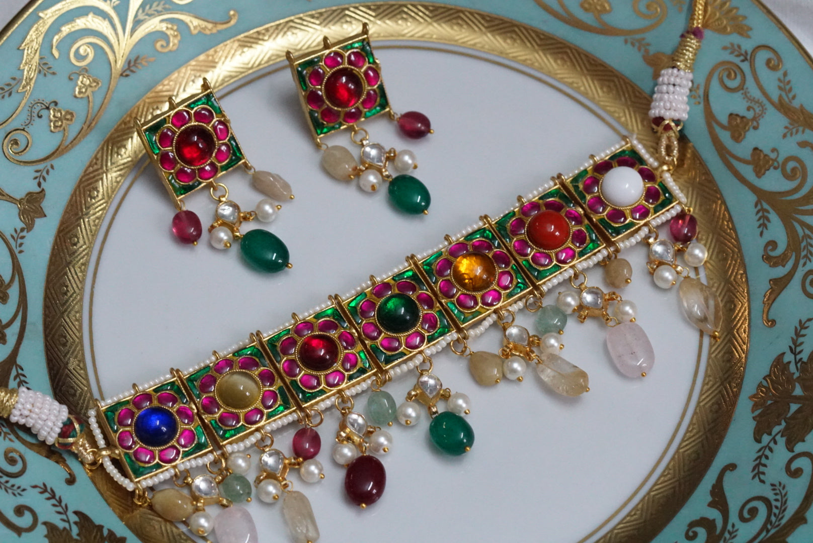 Kundan Navratan necklace set (4-5905)(R)(preorder)(OFFER PIECE) - JEWELSTYLE