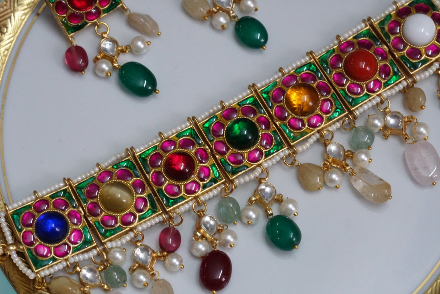 Kundan Navratan necklace set (4-5905)(R)(preorder)(OFFER PIECE) - JEWELSTYLE