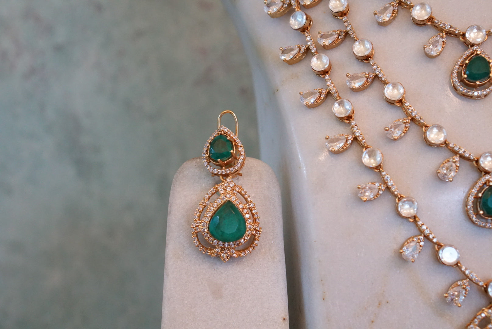 3 Line Green stone Polki necklace set (4-7290)(B)(PREORDER) - JEWELSTYLE