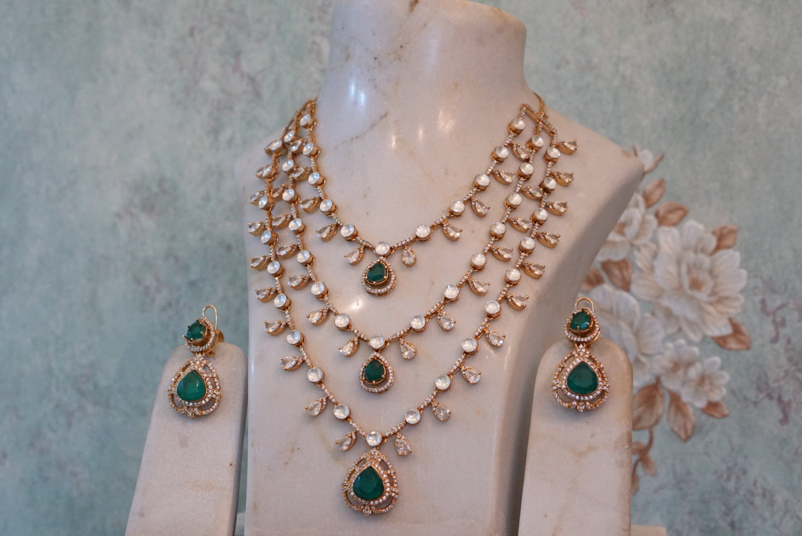 3 Line Green stone Polki necklace set (4-7290)(B)(PREORDER) - JEWELSTYLE