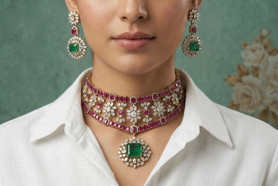 AD Stone Necklace Set (4-9151)(B) - JEWELSTYLE
