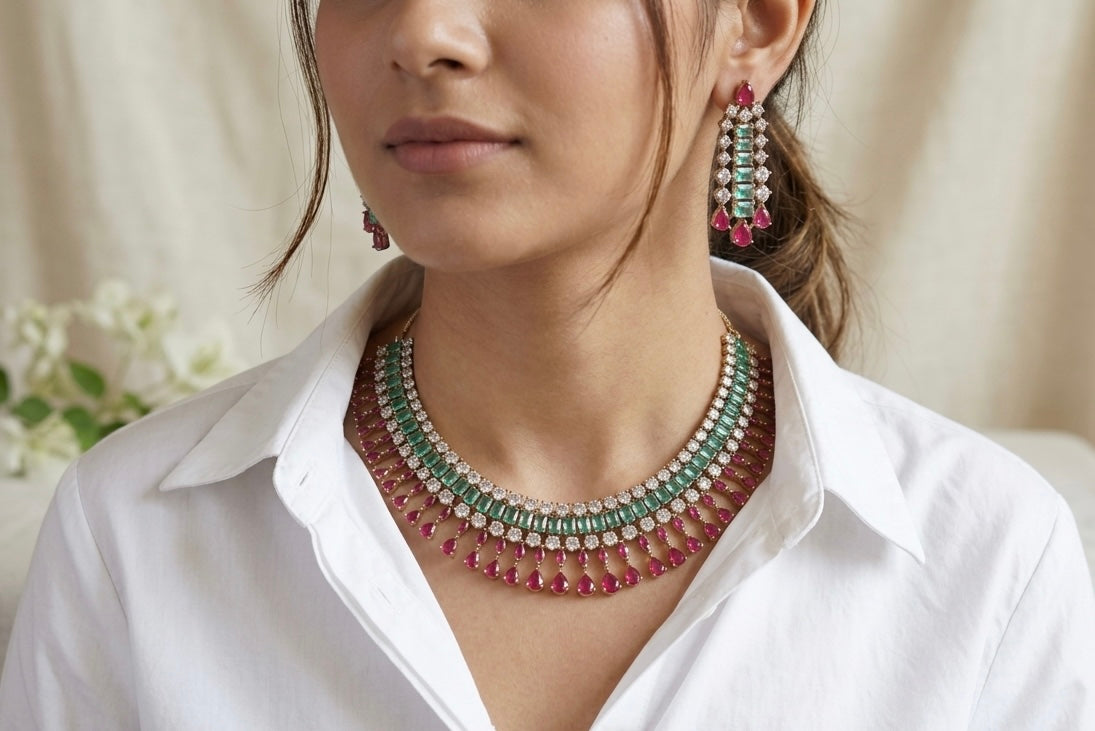 Pink and aqua stone Necklace Set (4-9137)(from turkey) - JEWELSTYLE