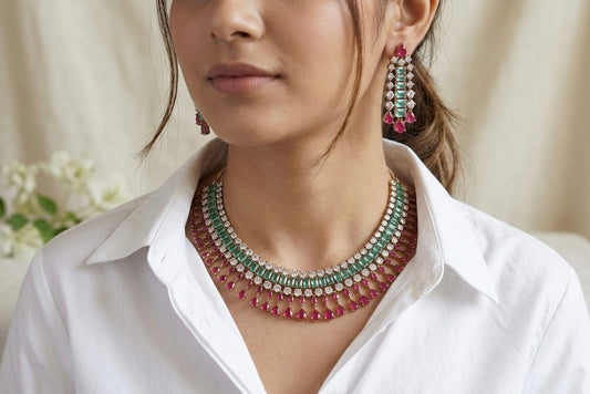 Pink and aqua stone Necklace Set (4-9137)(from turkey) - JEWELSTYLE