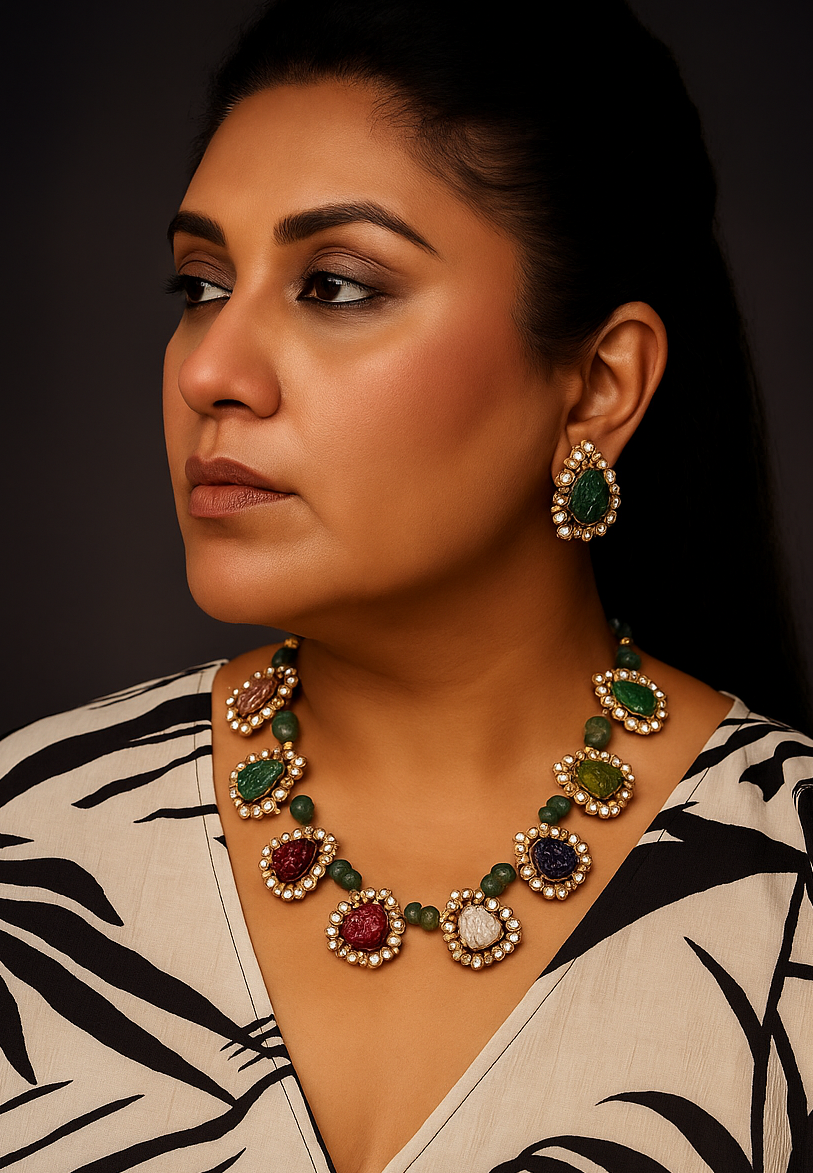 Multi Stone Polki Necklace set (4-8562)(B) - JEWELSTYLE