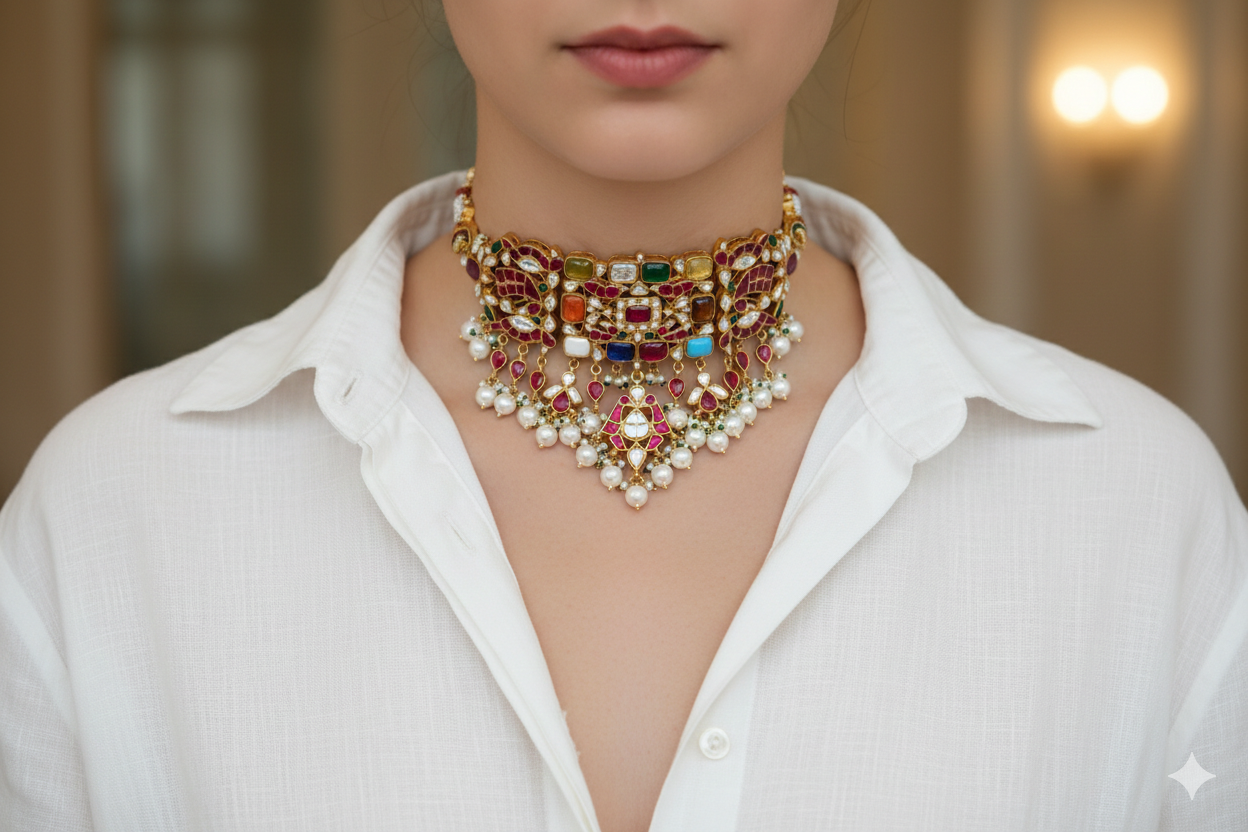 Kundan  Navratan  choker (4-7727)(R) - JEWELSTYLE