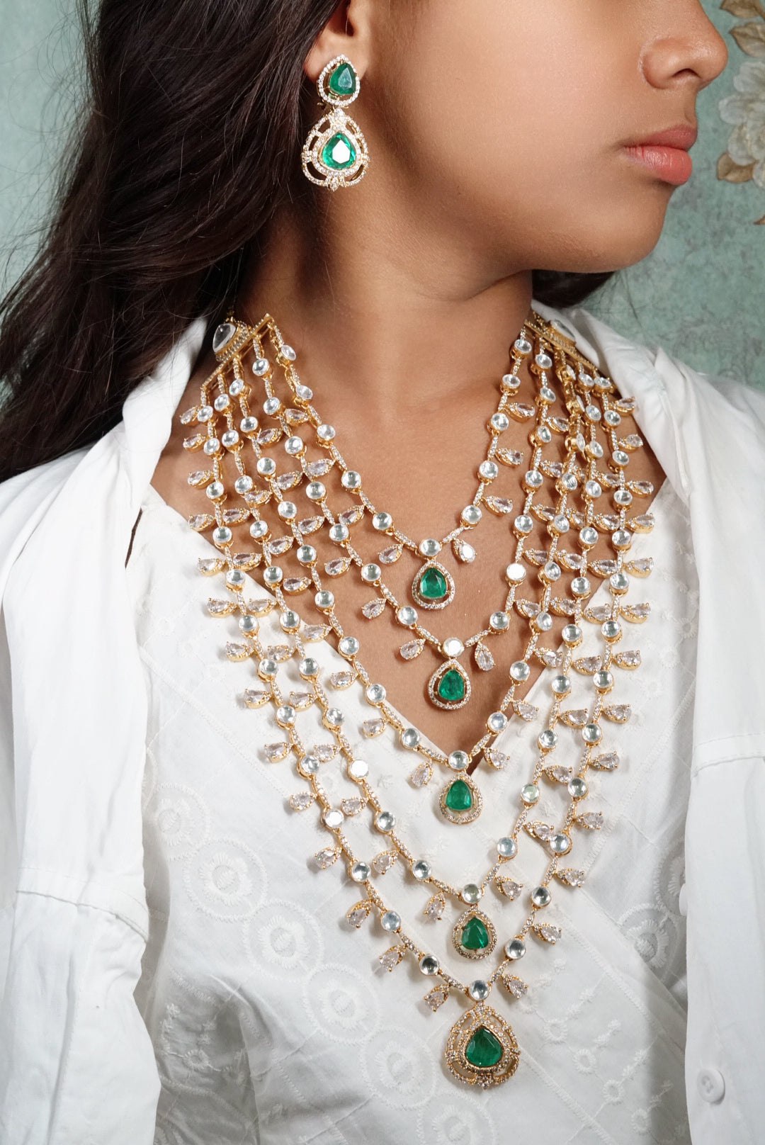5 line green stone polki necklace set (4-6598)(B) - JEWELSTYLE