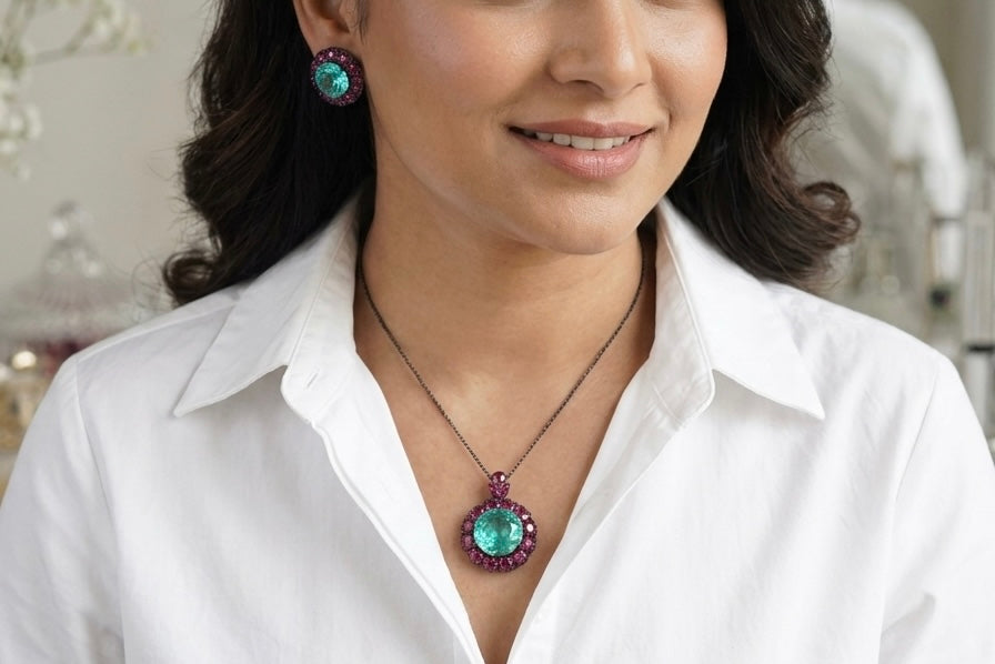 Ruby Stone And aqua Stone Pendant Set (4-9170)(B)(From Turkey)