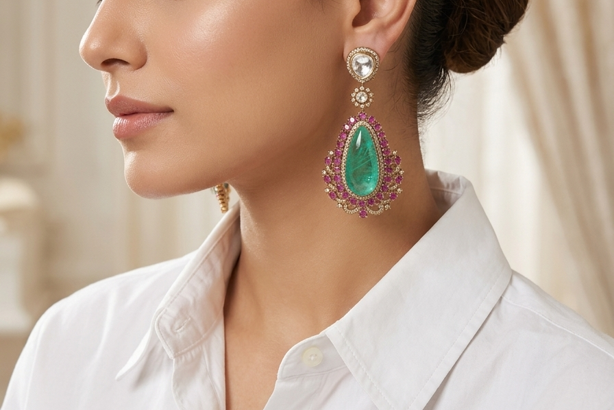 Green doublet Polki Earrings (1-5302)(B)