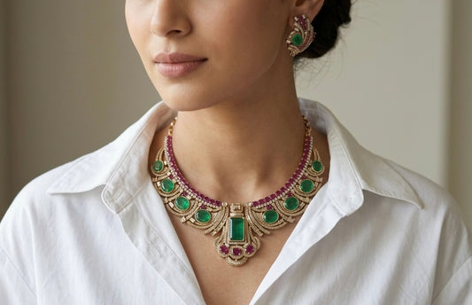 Green Stone Ad Necklace Set (4-9327)(B)
