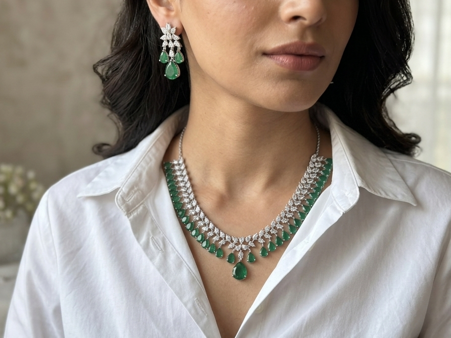 Green Stone Ad Necklace Set (4-9330)(B) (From Turkey)