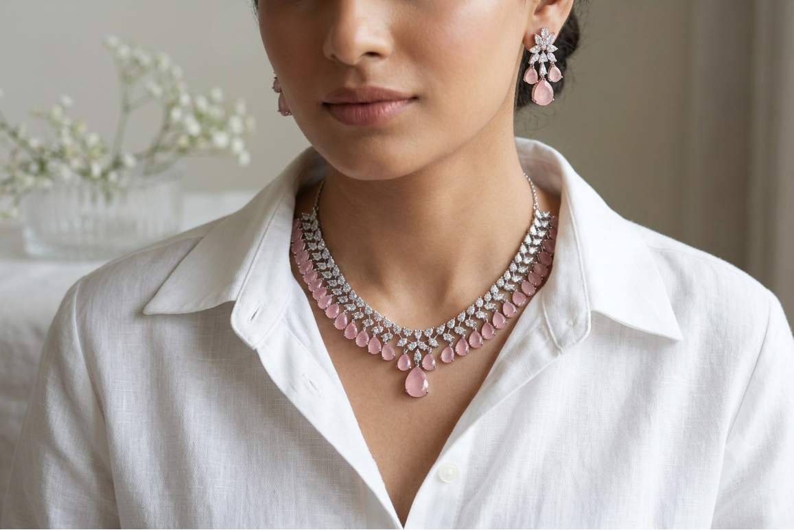 Light Pink Stone Ad Necklace Set (4-9331)(B) (From Turkey)