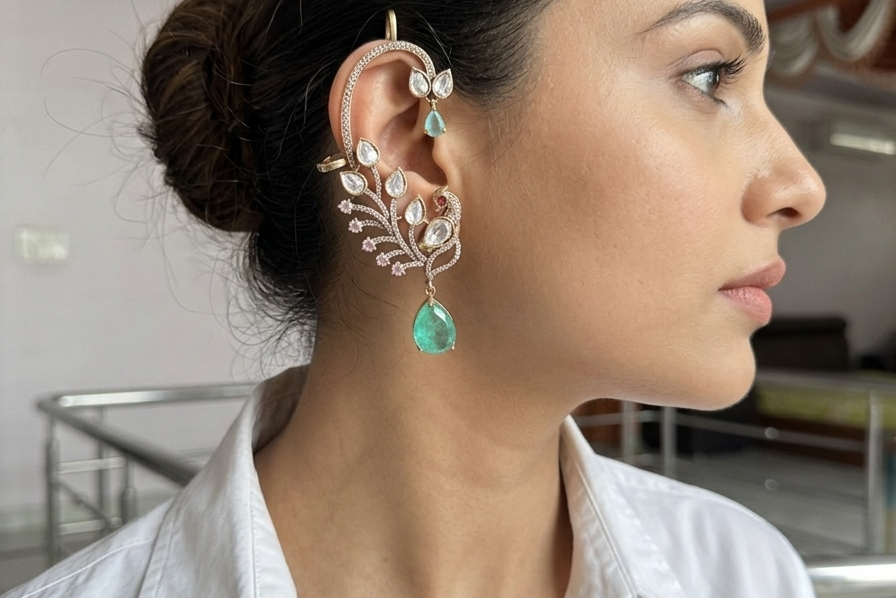 Polki mint stone Earcuff Earrings (1-5327)(B)