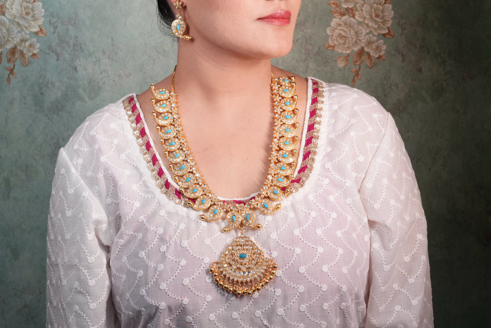 Turquoise Or Firoza Mango Kundan Pendant Necklace Set (4-8995)(KA) (PREORDER) (Made IN 7-8 DAYS TIME) - JEWELSTYLE