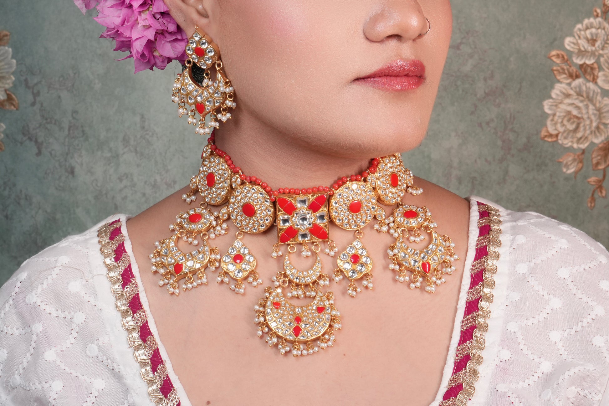 Coral Stone Kundan Choker Set (4-9003)(R)(preorder) - JEWELSTYLE