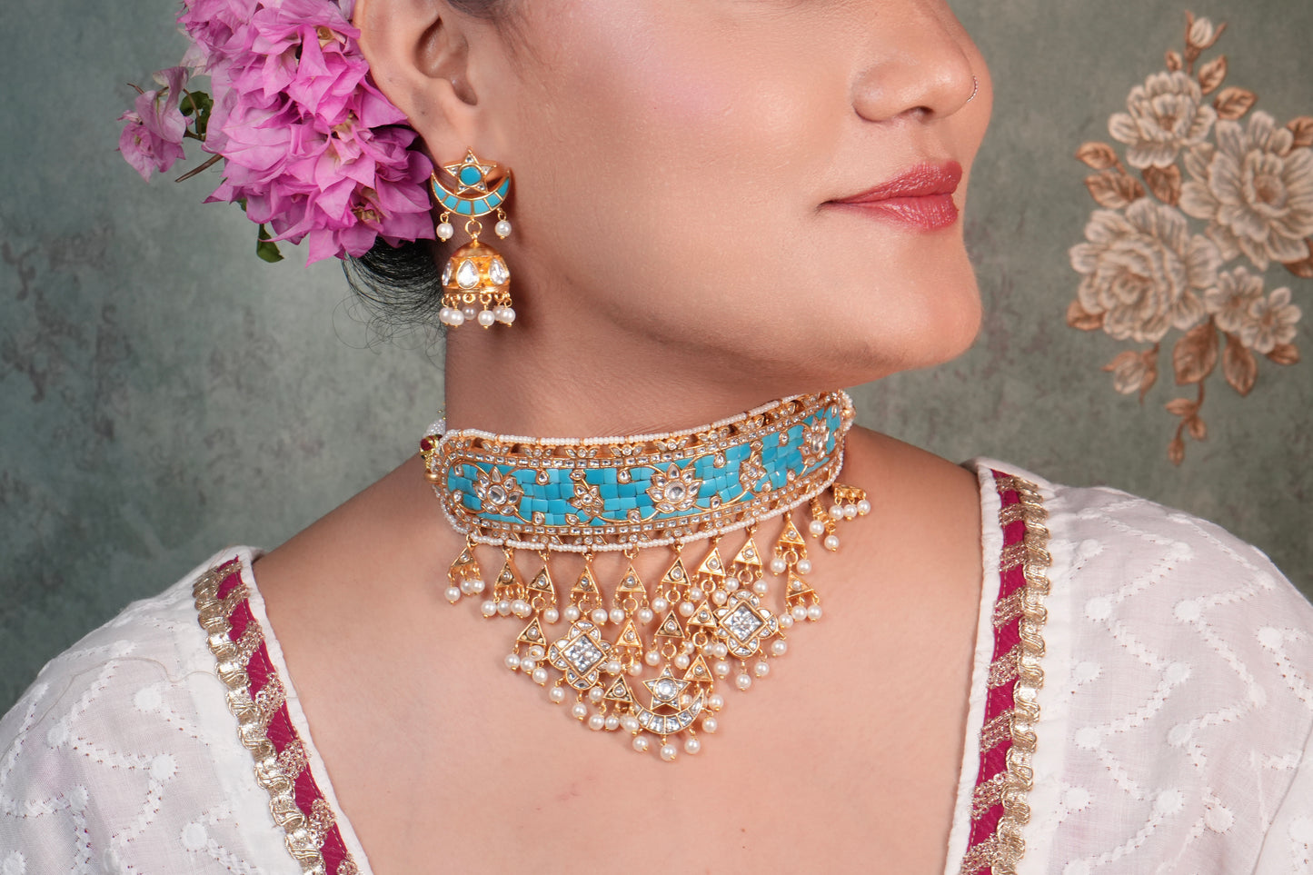Turquoise Kundan Choker Set (4-9002)(R)(ALREADY DISCOUNTED) - JEWELSTYLE