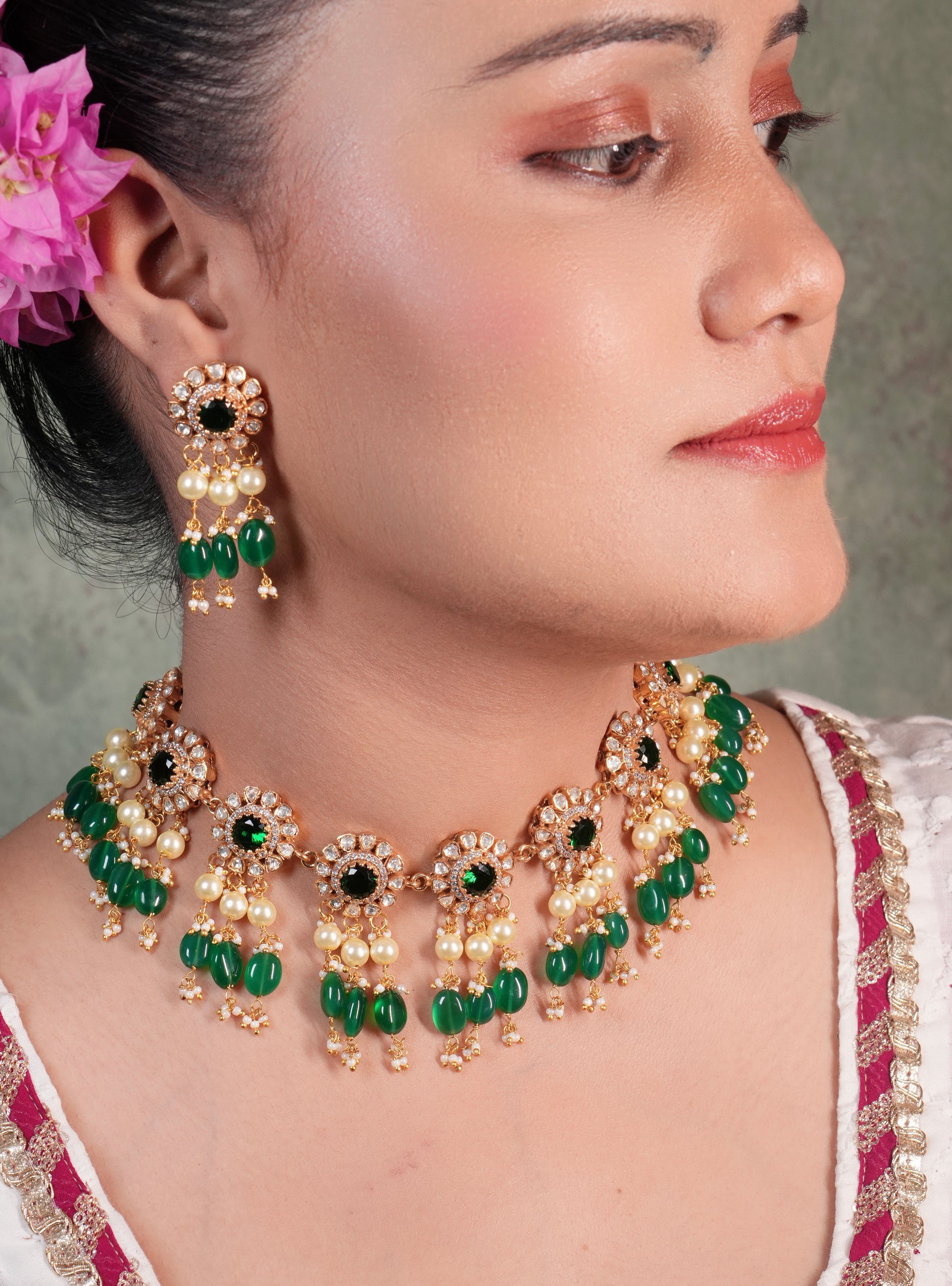 Green Stone Mossainite Polki Necklace Set (4-8992)(KA)(PREORDER) (Made IN 7-8 DAYS TIME) - JEWELSTYLE