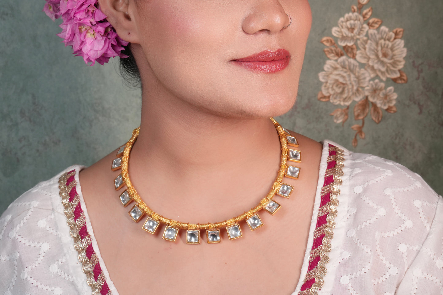 Square kundan pieces Necklace(4-8787)(R) - JEWELSTYLE