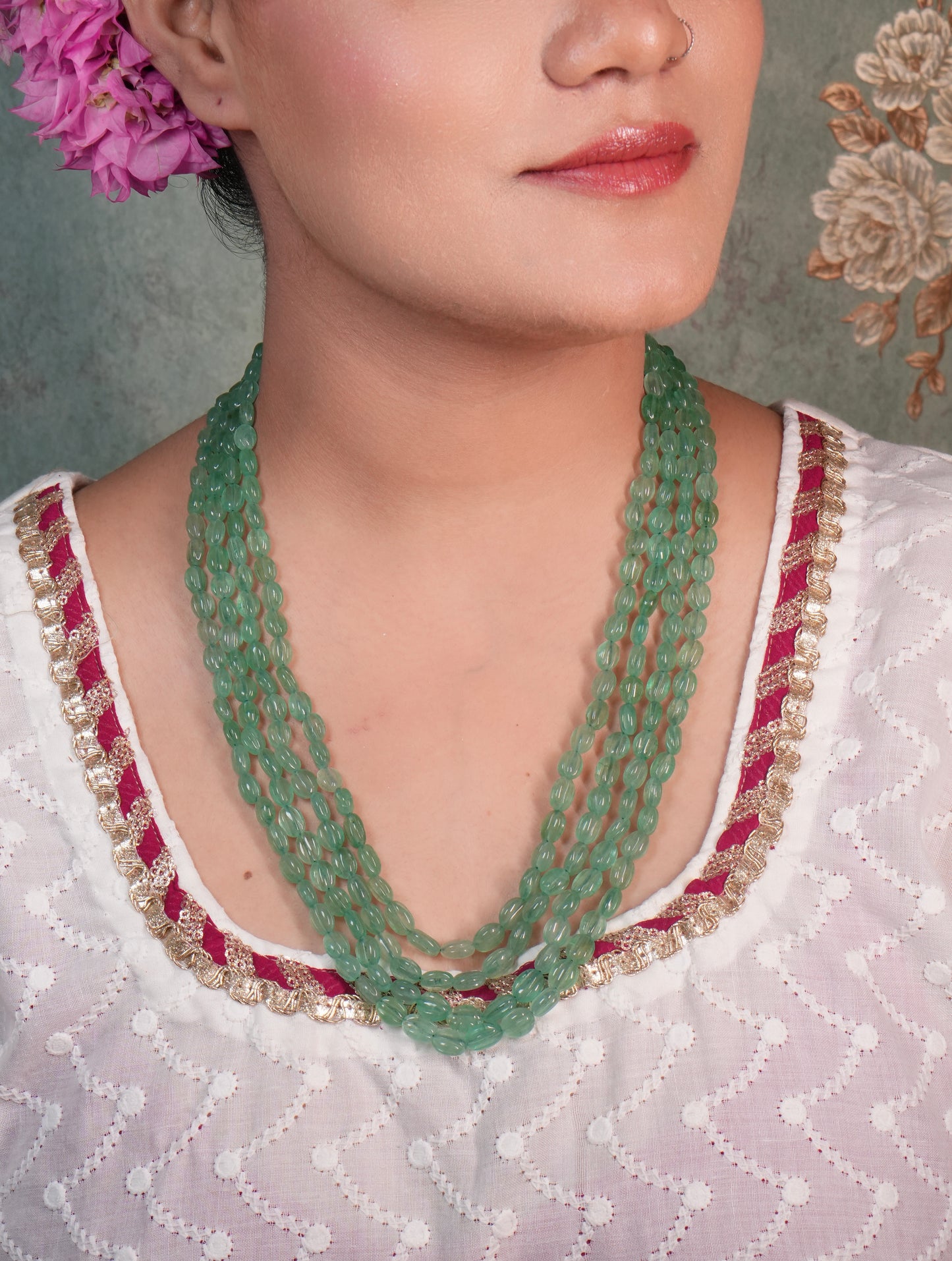 4 Line Real Green Beads necklace (4-8973)(R) - JEWELSTYLE
