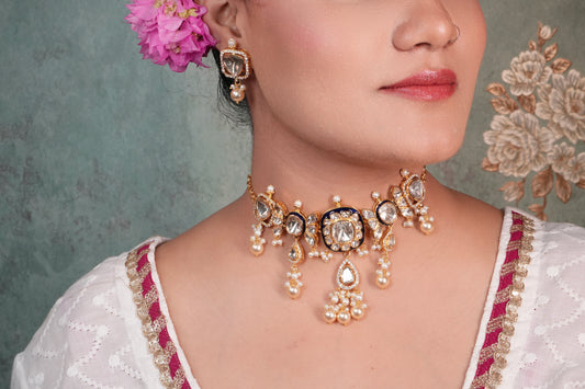 Blue Meena Mossainite Polki Choker set (4-8971)(R)(already discounted) - JEWELSTYLE