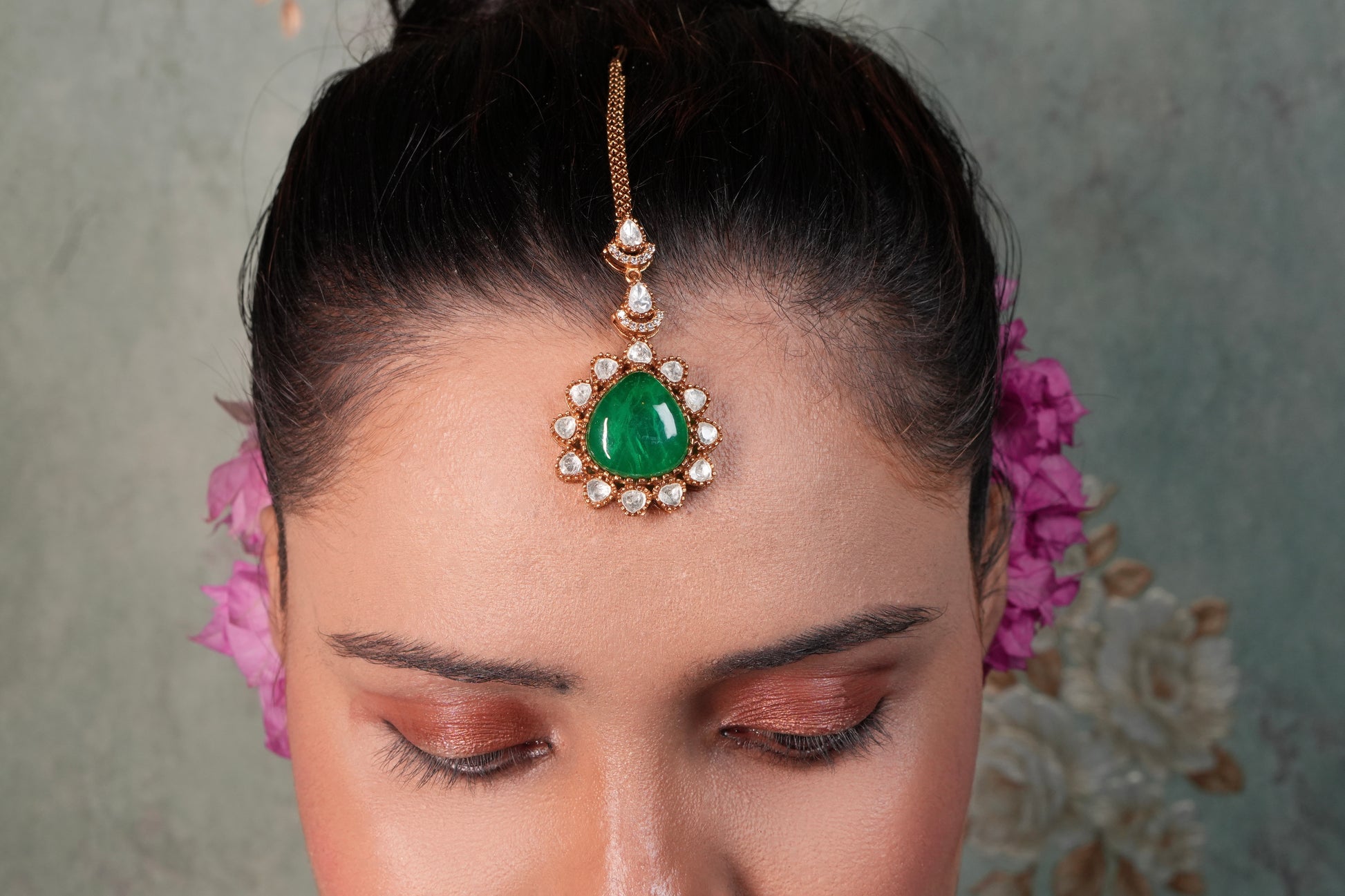 Green Stone Polki Maangtika (5-1671)(B) - JEWELSTYLE