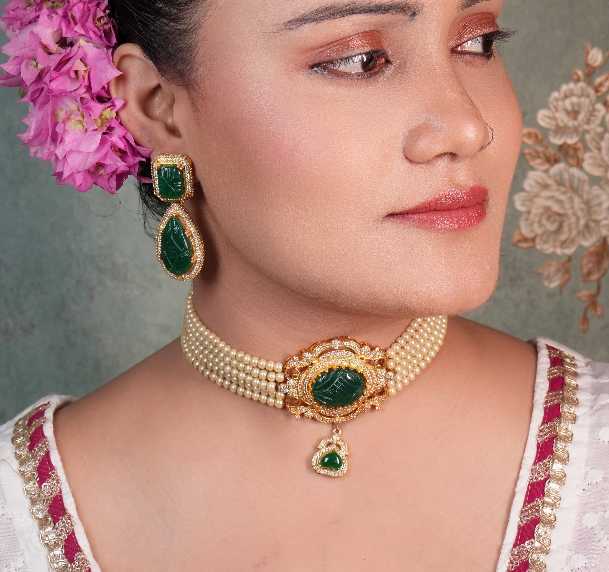 Green Stone Ad Necklace Set (4-8593)(R)(already discounted) - JEWELSTYLE