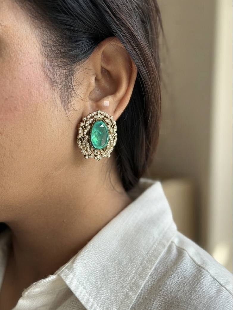 Aqua Stone Polki Studs (1-5410)(B)