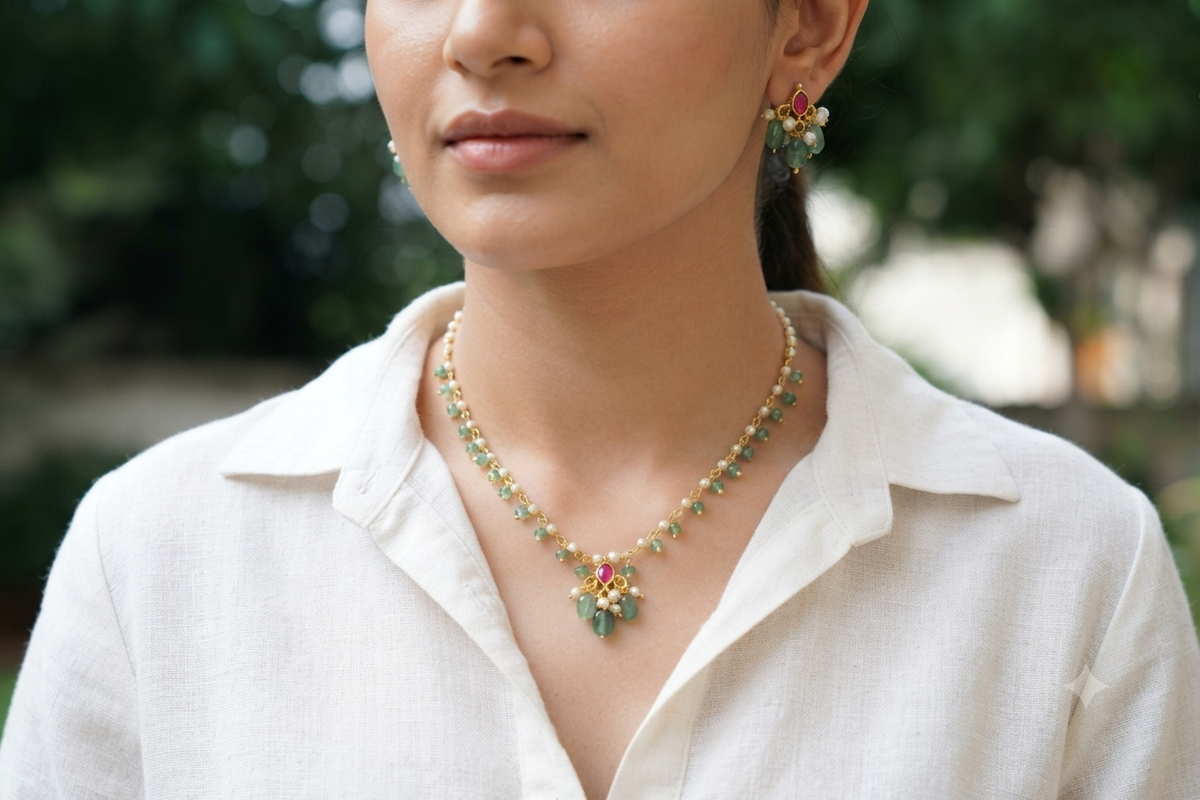 Kundan Beads Necklace Set(4-9433)(N)