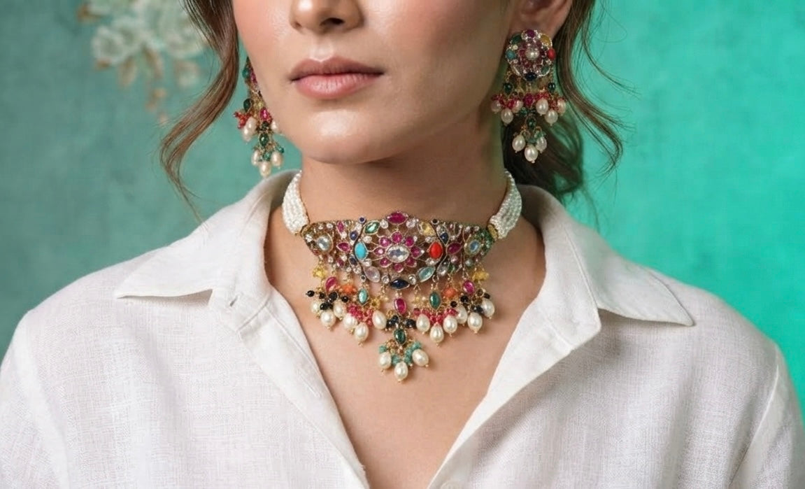 Navratan or multicolour choker set (4-9562)(B)