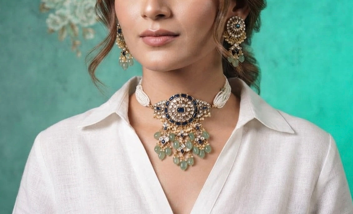 Blue stone polki choker set (4-9565)(B)