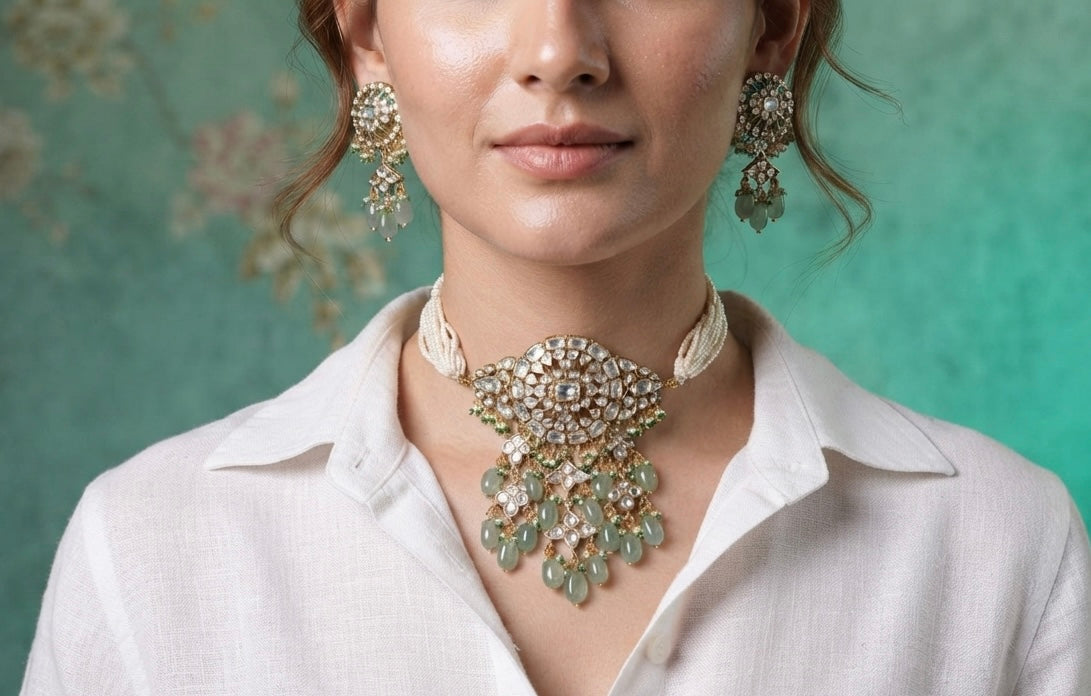 White stone polki choker set (4-9566)(B)