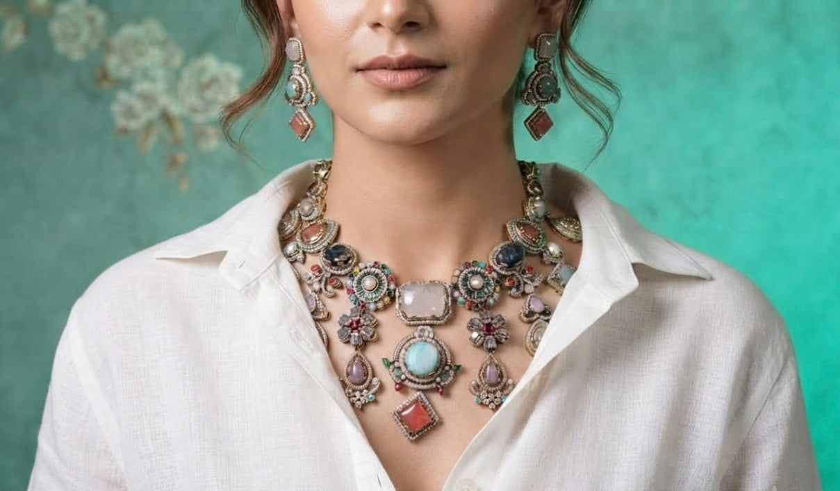 Multistone stone polki necklace set (4-9568)(B)