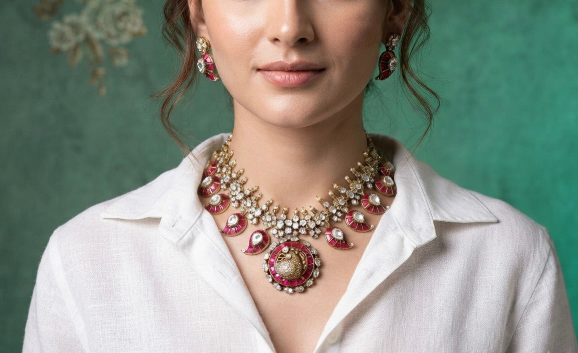 Pink kundan polki necklace (4-9569)(B)